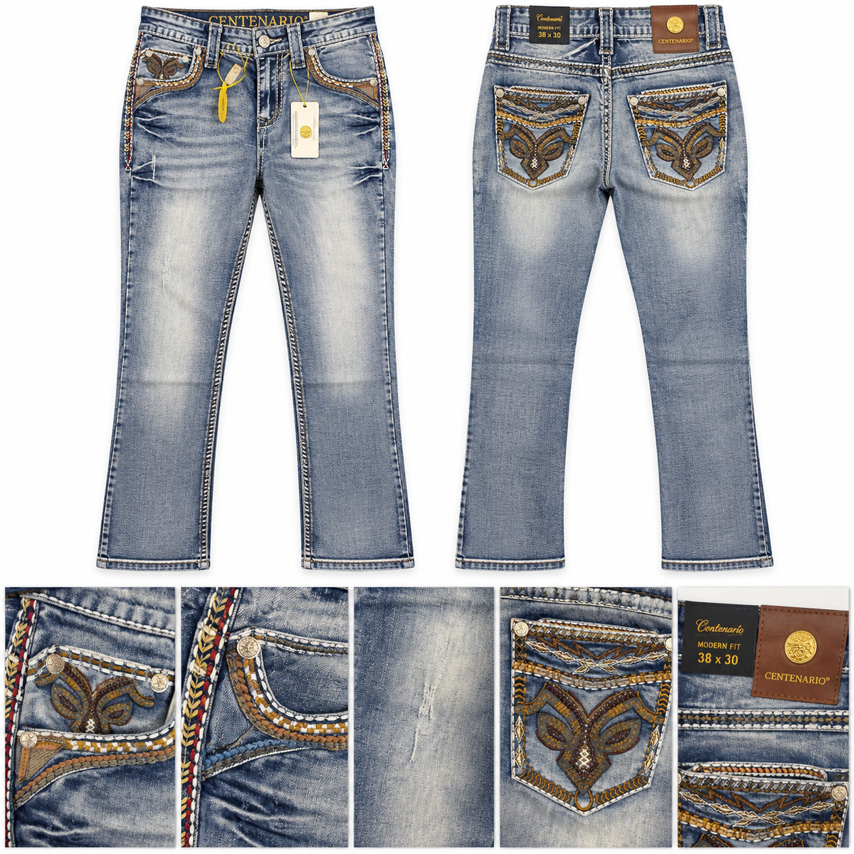 Centenario ECG-M91 Bootcut Jeans - full front view with pocket embroidery detail